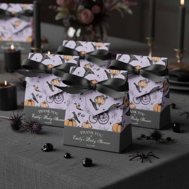 Gothic Orange Baby Carriage Baby Shower Thank You Favor Boxes (Gothic Baby Shower Favor Boxes. Spooky Vintage Baby Carriage Pumpkin Black Raven Spiderwebs Pattern.)