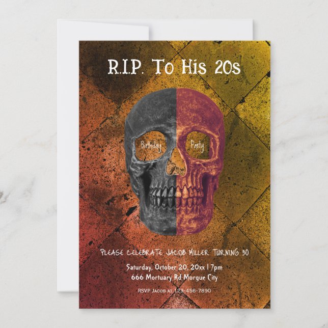 Gothic Orange Black Half Skull RIP To His 20s Invitation (Front)