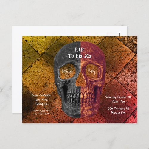 Gothic Orange Black Half Skull RIP To His 20s Invitation Postcard