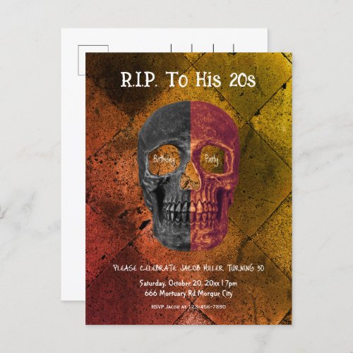 Gothic Orange Black Half Skull RIP To His 20s Invitation Postcard