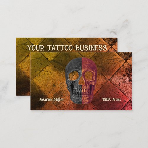 Gothic Orange Black Half Skull Tattoo Shop Business Card