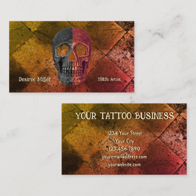 Gothic Orange Black Half Skull Tattoo Shop Business Card (Front/Back)