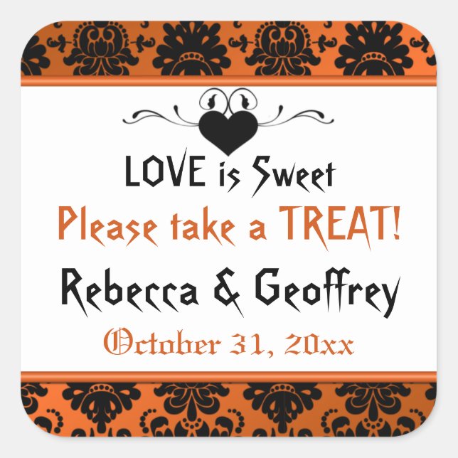 Gothic Orange, Black Scroll Heart Wedding Sticker (Front)