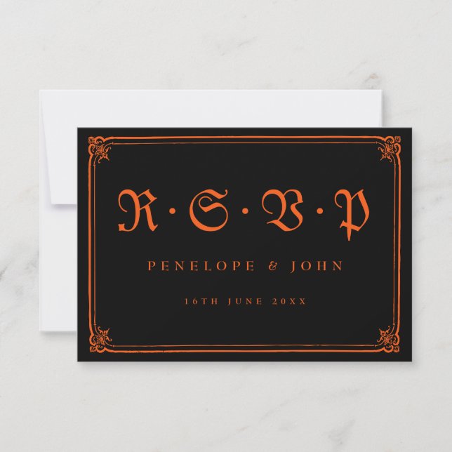 Gothic Orange Black Typography Halloween Wedding RSVP Card (Front)