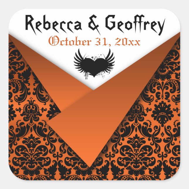 Gothic Orange, Black Winged Heart Wedding Sticker (Front)