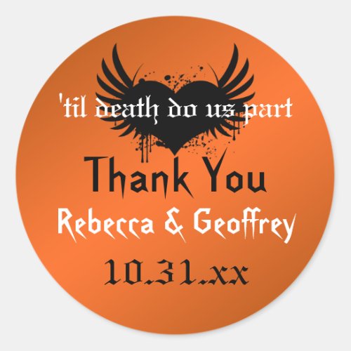 Gothic Orange Black Winged Heart Wedding Sticker
