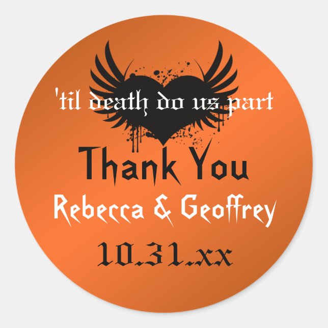 Gothic Orange, Black Winged Heart Wedding Sticker (Front)
