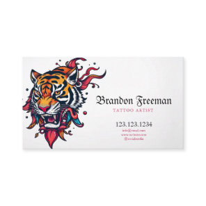 Gothic Orange Tiger Head with Feathers Tattoo Business Card