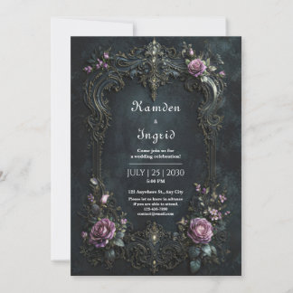 Gothic Ornate Purple Rose Filigree Wedding Invitation
