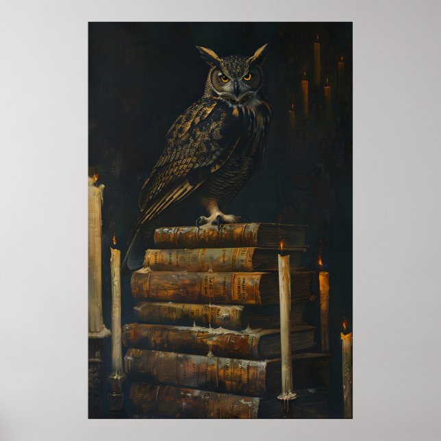 Gothic Owl on Vintage Books Painting Printable Poster (Front)
