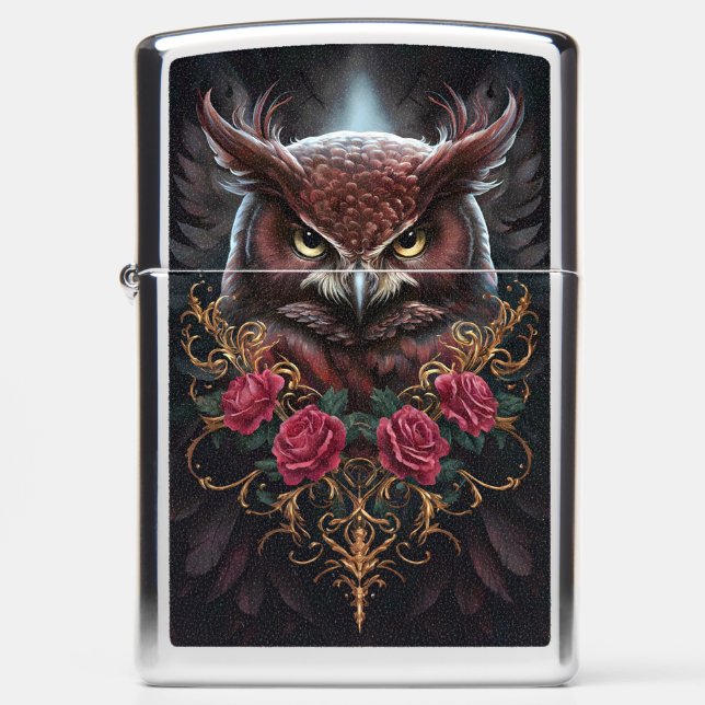 Gothic Owl with Roses Baroque Art Zippo Lighter (Front)