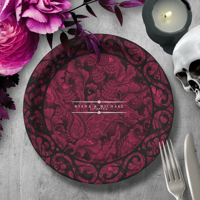 Gothic Paisley Scrollwork Frame Burgundy ID866 Paper Plates (Creator Uploaded)