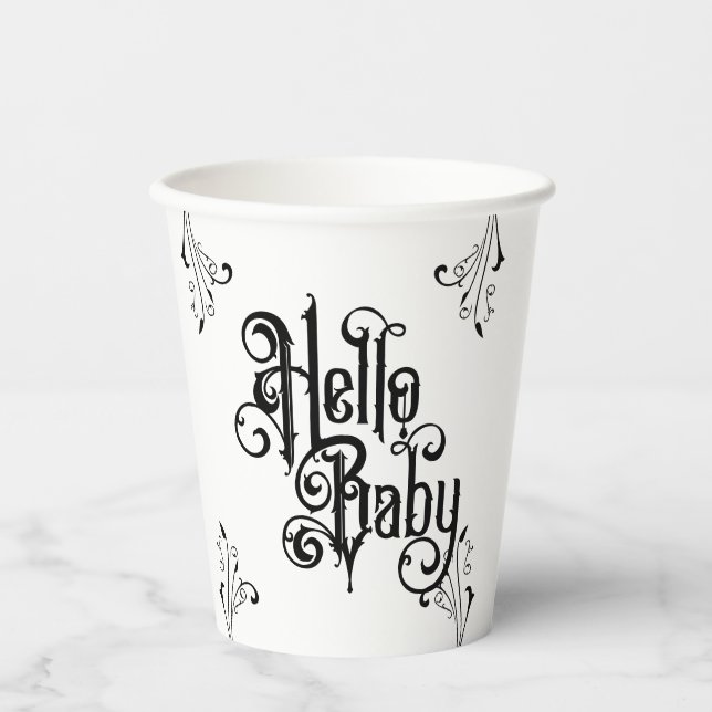 Gothic Party Baby Shower Hello Black Paper Cups (Front)