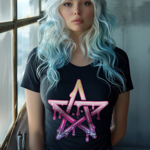 Gothic Pastel Pink Dripping Pentagram Cyber Rave Plus Size T_Shirt