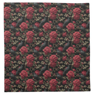Gothic Pattern with Red Roses and Crows Cloth Napkin
