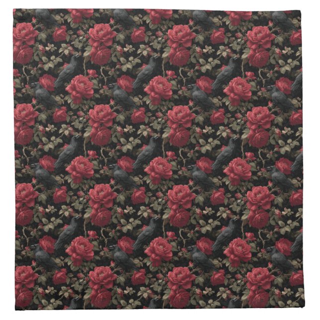 Gothic Pattern with Red Roses and Crows Cloth Napkin (Front)