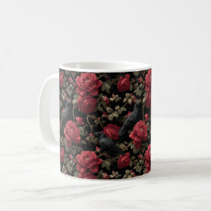 Gothic Pattern with Red Roses and Crows Coffee Mug