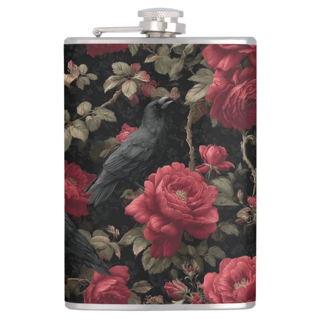 Gothic Pattern with Red Roses and Crows Flask (Front)