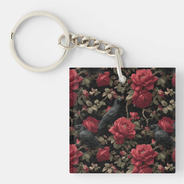Gothic Pattern with Red Roses and Crows Keychain (Front)