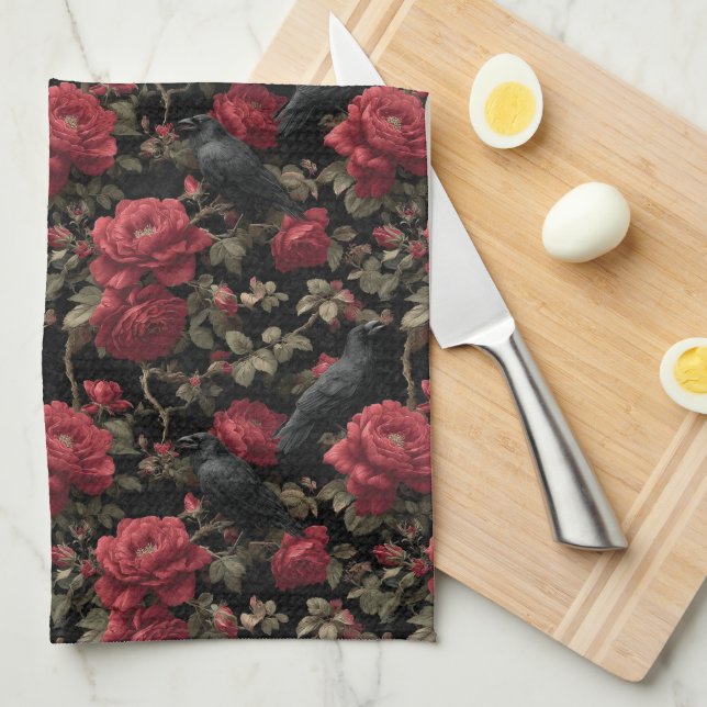 Gothic Pattern with Red Roses and Crows Kitchen Towel (Quarter Fold)