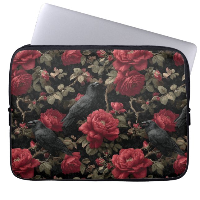 Gothic Pattern with Red Roses and Crows Laptop Sleeve (Front)