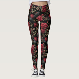 Gothic Pattern with Red Roses and Crows Leggings