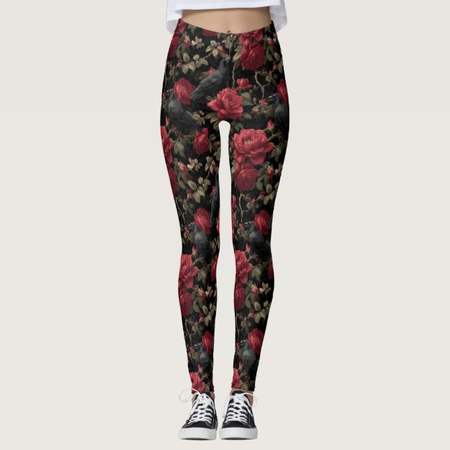 Gothic Pattern with Red Roses and Crows Leggings (Front)