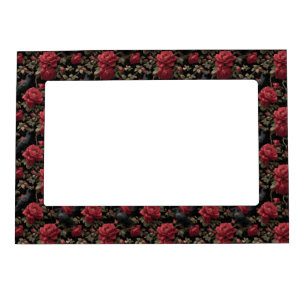 Gothic Pattern with Red Roses and Crows Magnetic Frame