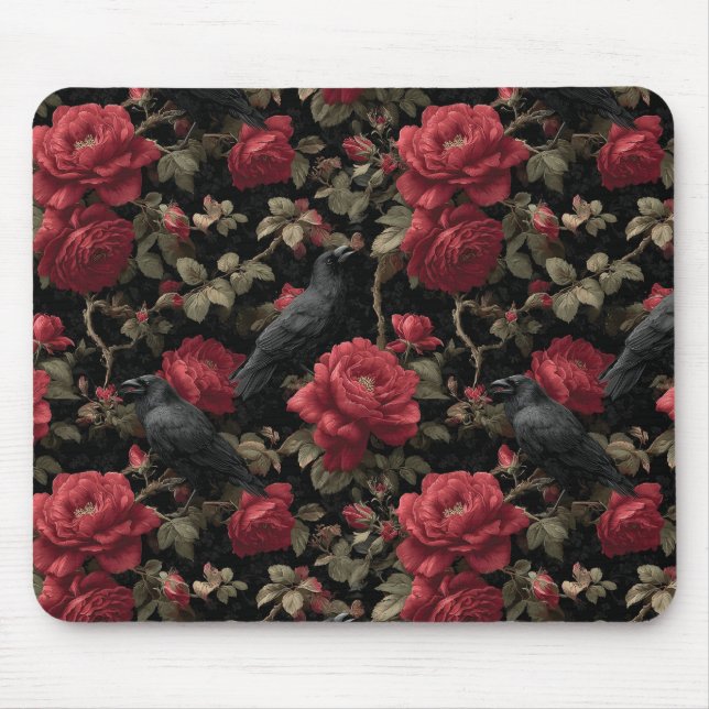Gothic Pattern with Red Roses and Crows Mouse Pad (Front)