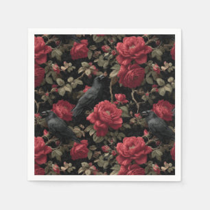 Gothic Pattern with Red Roses and Crows Napkins