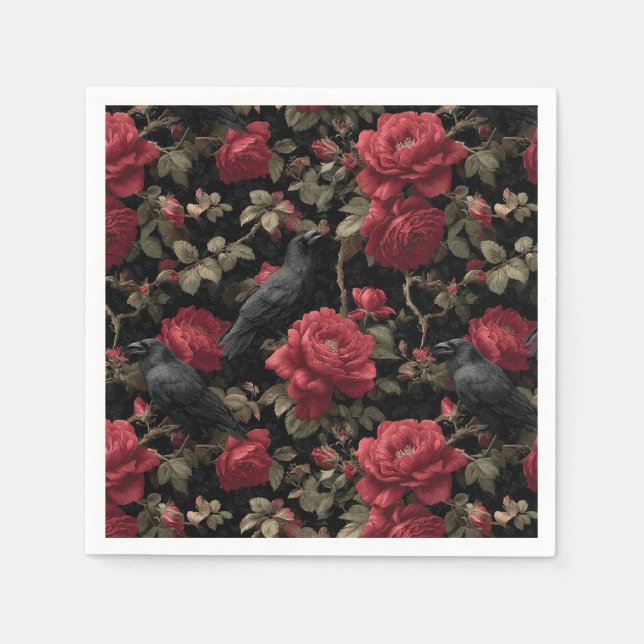 Gothic Pattern with Red Roses and Crows Napkins (Front)