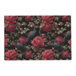 Gothic Pattern with Red Roses and Crows Placemat