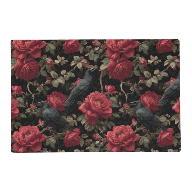 Gothic Pattern with Red Roses and Crows Placemat (Front)
