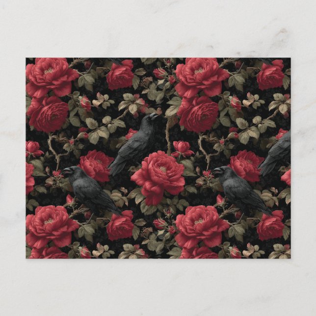 Gothic Pattern with Red Roses and Crows Postcard (Front)