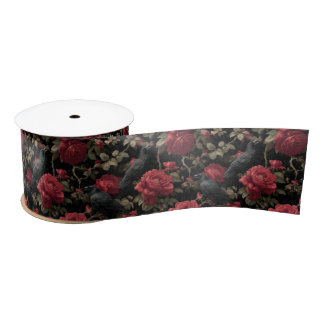Gothic Pattern with Red Roses and Crows Satin Ribbon