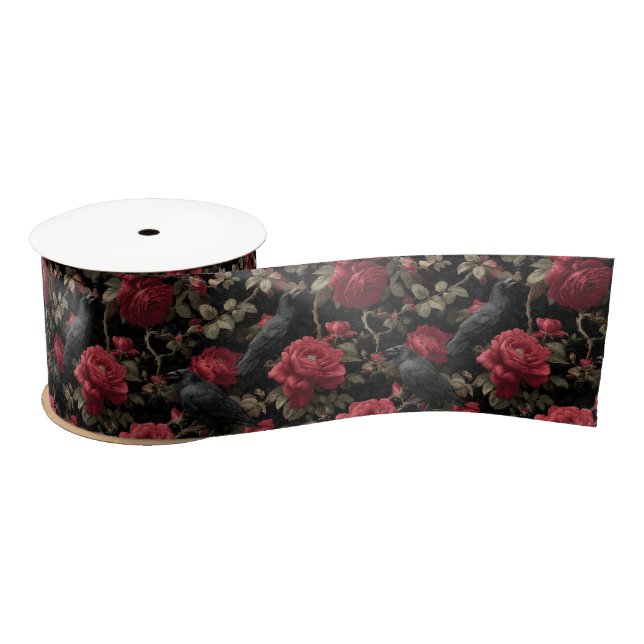 Gothic Pattern with Red Roses and Crows Satin Ribbon (Spool)