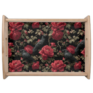 Gothic Pattern with Red Roses and Crows Serving Tray