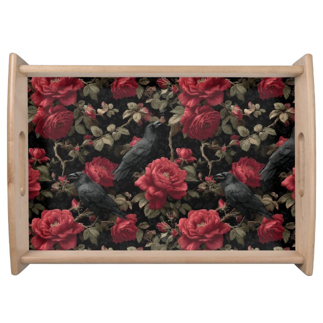 Gothic Pattern with Red Roses and Crows Serving Tray (Front)