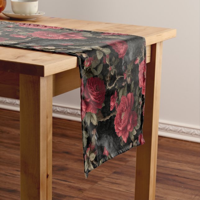 Gothic Pattern with Red Roses and Crows Short Table Runner (In Situ)