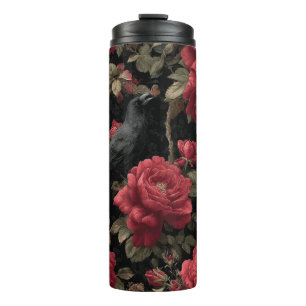 Gothic Pattern with Red Roses and Crows Thermal Tumbler