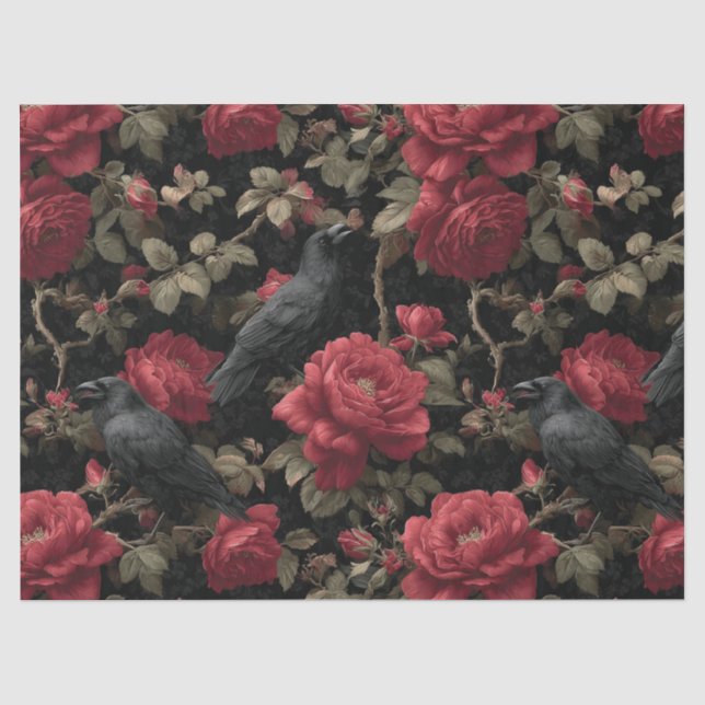 Gothic Pattern with Red Roses and Crows Tissue Paper (Front)