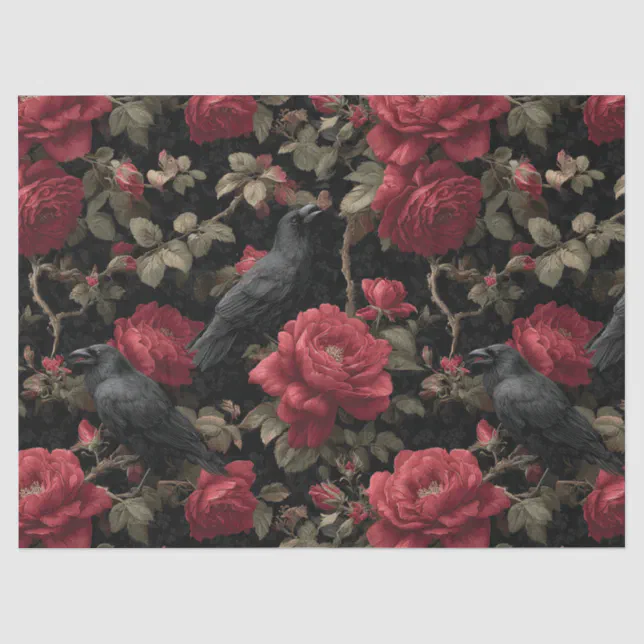 Gothic Pattern with Red Roses and Crows Tissue Paper | Zazzle