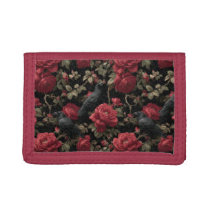 Gothic Pattern with Red Roses and Crows Trifold Wallet