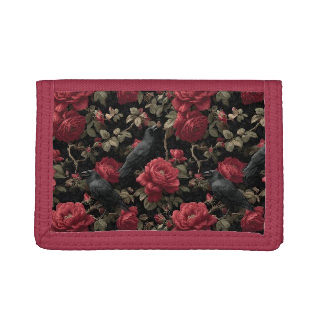 Gothic Pattern with Red Roses and Crows Trifold Wallet (Front)