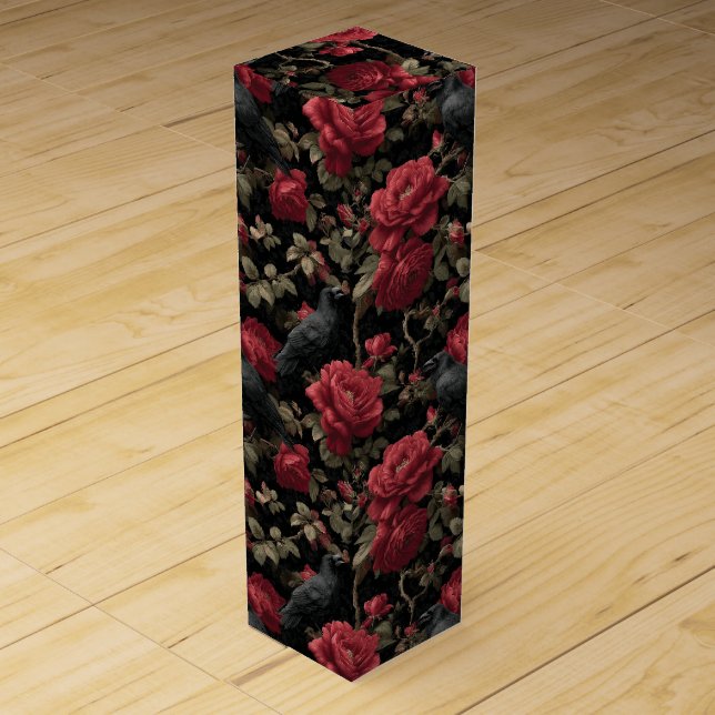 Gothic Pattern with Red Roses and Crows Wine Box (Front)