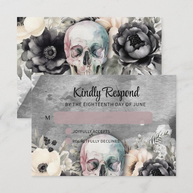 Gothic Peony & Skull Black Floral Wedding RSVP Card (Front/Back)