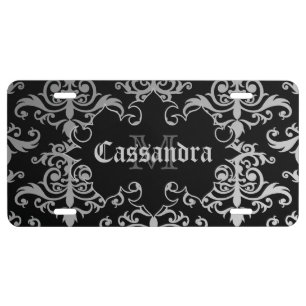 Gothic personalized black and gray damask monogram license plate