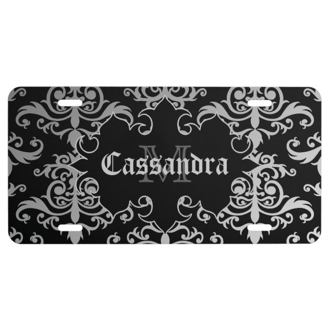 Gothic personalized black and gray damask monogram license plate (Front)