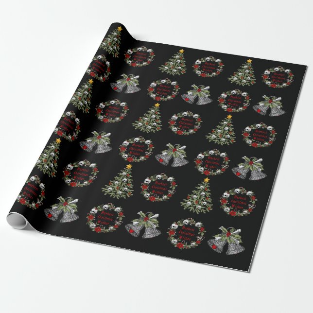 Gothic Personalized Christmas Skulls Trees Wreath Wrapping Paper (Unrolled)