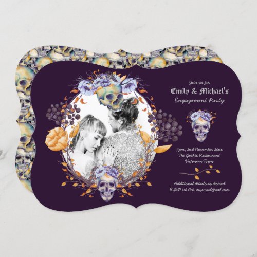Gothic PHOTO WeddingEngagement Purple Skulls Invitation